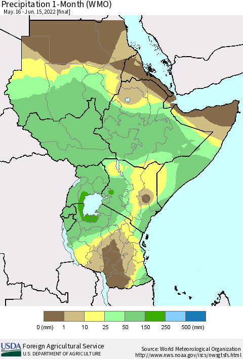 Eastern Africa Precipitation 1-Month (WMO) Thematic Map For 5/16/2022 - 6/15/2022