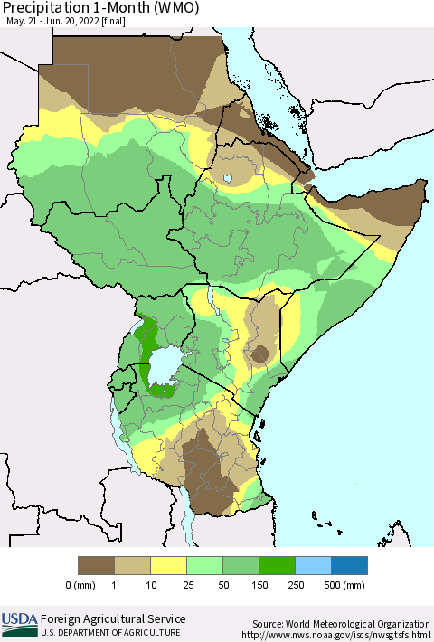 Eastern Africa Precipitation 1-Month (WMO) Thematic Map For 5/21/2022 - 6/20/2022