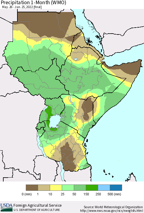 Eastern Africa Precipitation 1-Month (WMO) Thematic Map For 5/26/2022 - 6/25/2022