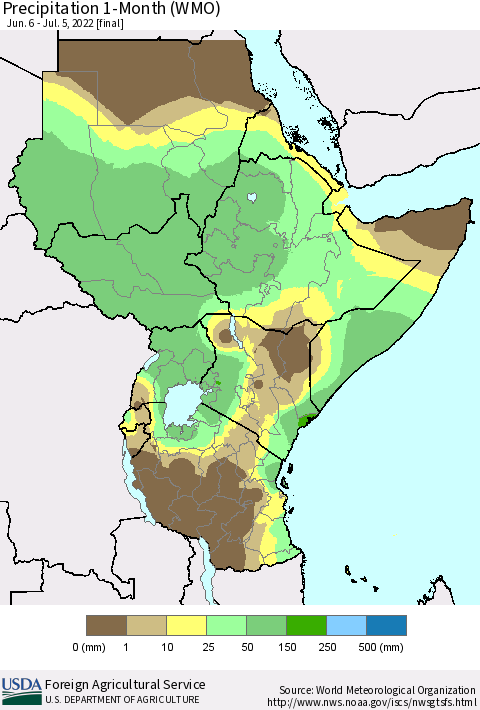 Eastern Africa Precipitation 1-Month (WMO) Thematic Map For 6/6/2022 - 7/5/2022
