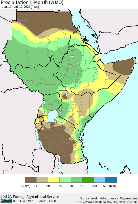 Eastern Africa Precipitation 1-Month (WMO) Thematic Map For 6/11/2022 - 7/10/2022
