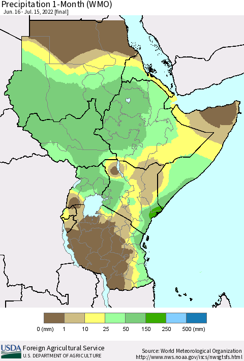 Eastern Africa Precipitation 1-Month (WMO) Thematic Map For 6/16/2022 - 7/15/2022