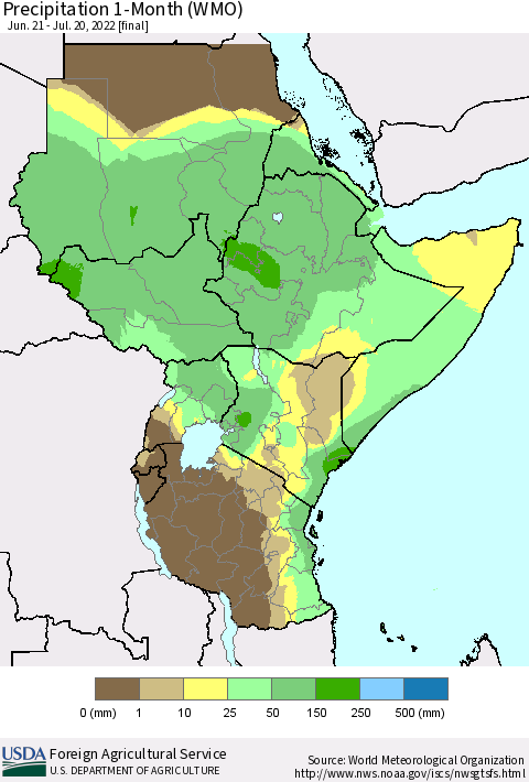 Eastern Africa Precipitation 1-Month (WMO) Thematic Map For 6/21/2022 - 7/20/2022