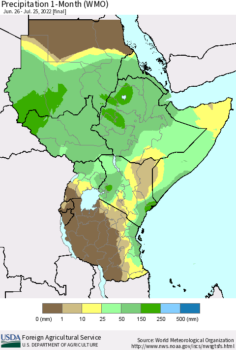 Eastern Africa Precipitation 1-Month (WMO) Thematic Map For 6/26/2022 - 7/25/2022