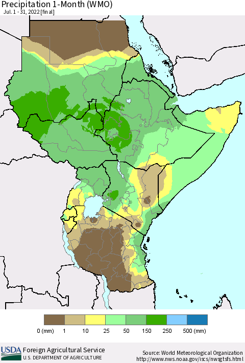 Eastern Africa Precipitation 1-Month (WMO) Thematic Map For 7/1/2022 - 7/31/2022