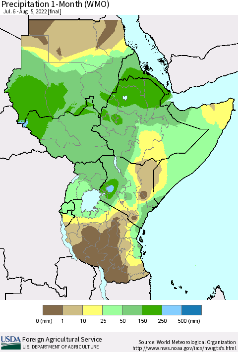 Eastern Africa Precipitation 1-Month (WMO) Thematic Map For 7/6/2022 - 8/5/2022