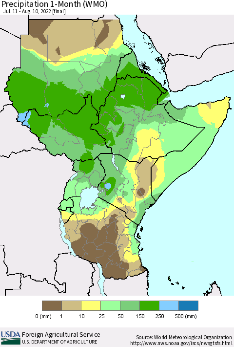 Eastern Africa Precipitation 1-Month (WMO) Thematic Map For 7/11/2022 - 8/10/2022