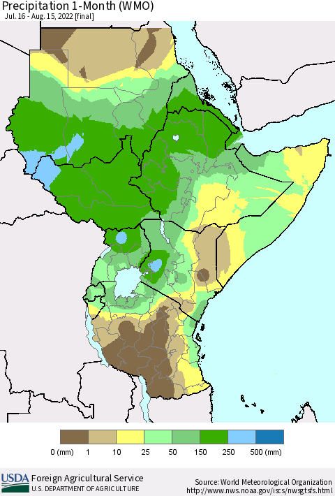 Eastern Africa Precipitation 1-Month (WMO) Thematic Map For 7/16/2022 - 8/15/2022