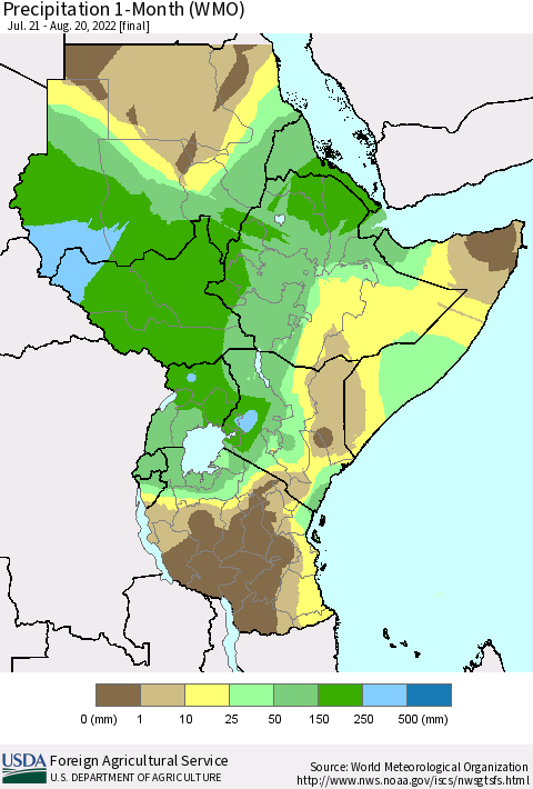 Eastern Africa Precipitation 1-Month (WMO) Thematic Map For 7/21/2022 - 8/20/2022