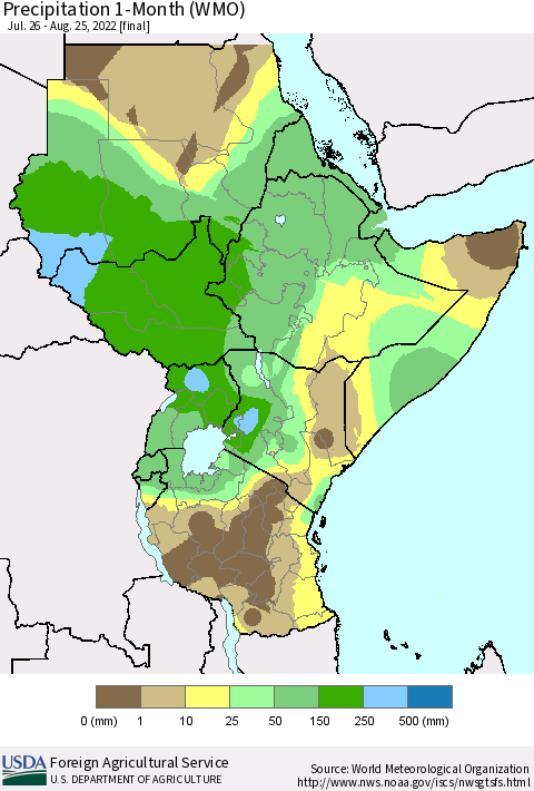Eastern Africa Precipitation 1-Month (WMO) Thematic Map For 7/26/2022 - 8/25/2022