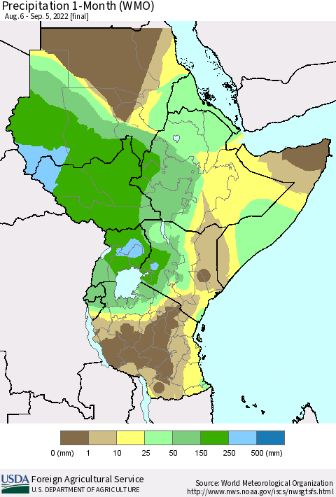 Eastern Africa Precipitation 1-Month (WMO) Thematic Map For 8/6/2022 - 9/5/2022