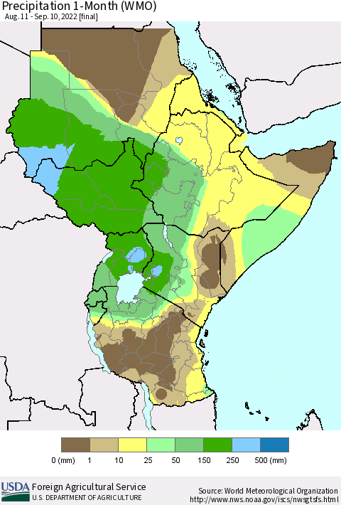 Eastern Africa Precipitation 1-Month (WMO) Thematic Map For 8/11/2022 - 9/10/2022