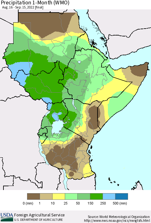 Eastern Africa Precipitation 1-Month (WMO) Thematic Map For 8/16/2022 - 9/15/2022