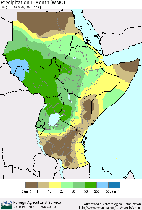 Eastern Africa Precipitation 1-Month (WMO) Thematic Map For 8/21/2022 - 9/20/2022