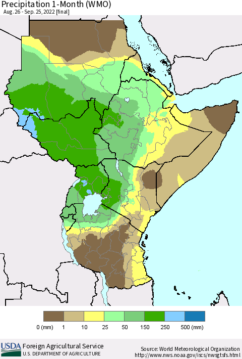 Eastern Africa Precipitation 1-Month (WMO) Thematic Map For 8/26/2022 - 9/25/2022