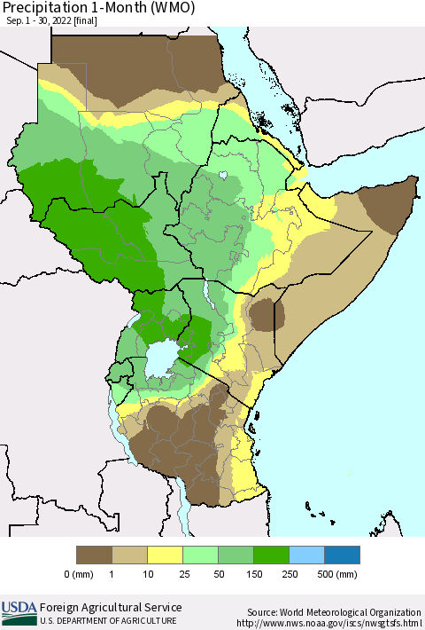 Eastern Africa Precipitation 1-Month (WMO) Thematic Map For 9/1/2022 - 9/30/2022