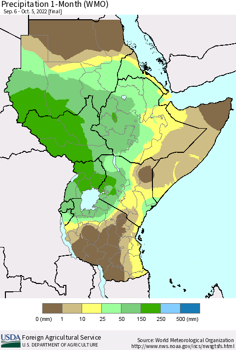 Eastern Africa Precipitation 1-Month (WMO) Thematic Map For 9/6/2022 - 10/5/2022