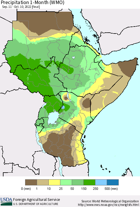 Eastern Africa Precipitation 1-Month (WMO) Thematic Map For 9/11/2022 - 10/10/2022