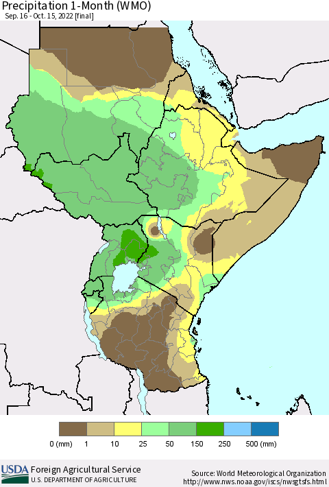 Eastern Africa Precipitation 1-Month (WMO) Thematic Map For 9/16/2022 - 10/15/2022