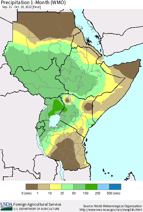 Eastern Africa Precipitation 1-Month (WMO) Thematic Map For 9/21/2022 - 10/20/2022