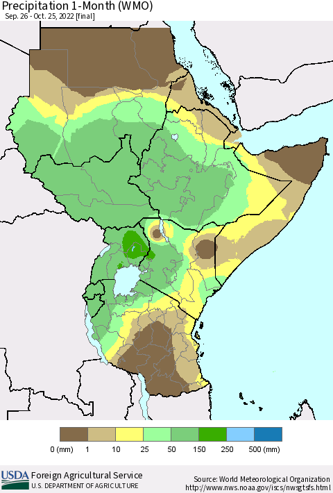Eastern Africa Precipitation 1-Month (WMO) Thematic Map For 9/26/2022 - 10/25/2022