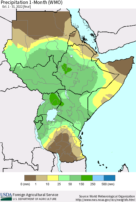Eastern Africa Precipitation 1-Month (WMO) Thematic Map For 10/1/2022 - 10/31/2022