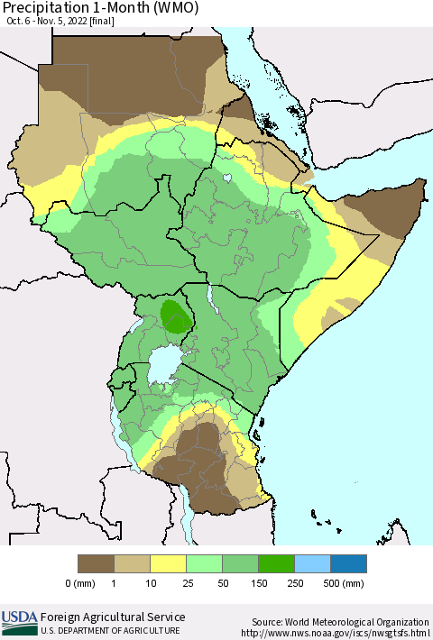 Eastern Africa Precipitation 1-Month (WMO) Thematic Map For 10/6/2022 - 11/5/2022