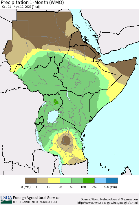 Eastern Africa Precipitation 1-Month (WMO) Thematic Map For 10/11/2022 - 11/10/2022