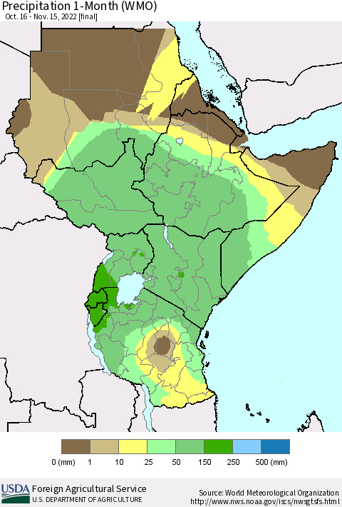 Eastern Africa Precipitation 1-Month (WMO) Thematic Map For 10/16/2022 - 11/15/2022