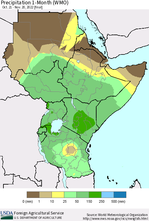Eastern Africa Precipitation 1-Month (WMO) Thematic Map For 10/21/2022 - 11/20/2022