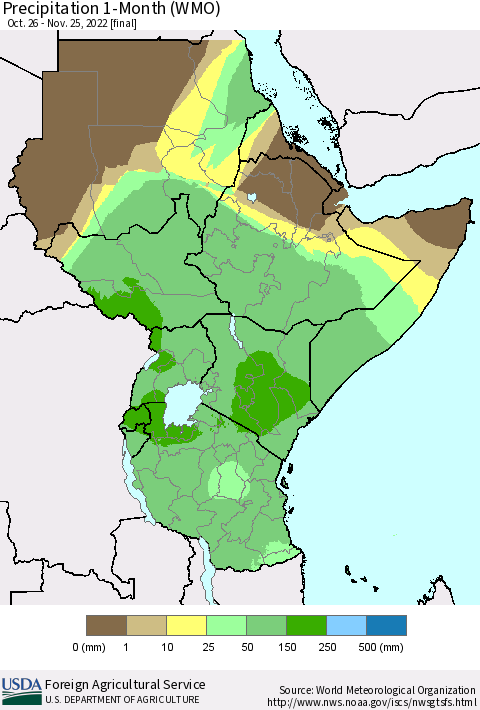 Eastern Africa Precipitation 1-Month (WMO) Thematic Map For 10/26/2022 - 11/25/2022