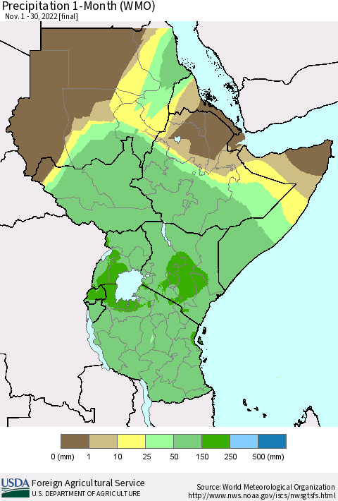 Eastern Africa Precipitation 1-Month (WMO) Thematic Map For 11/1/2022 - 11/30/2022