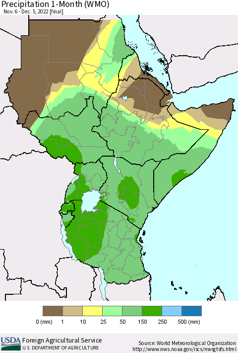 Eastern Africa Precipitation 1-Month (WMO) Thematic Map For 11/6/2022 - 12/5/2022
