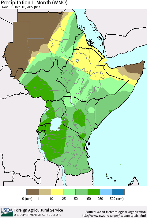 Eastern Africa Precipitation 1-Month (WMO) Thematic Map For 11/11/2022 - 12/10/2022