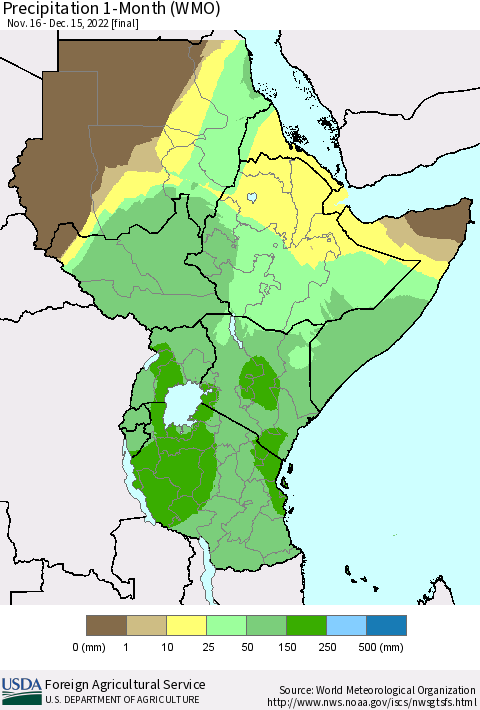 Eastern Africa Precipitation 1-Month (WMO) Thematic Map For 11/16/2022 - 12/15/2022