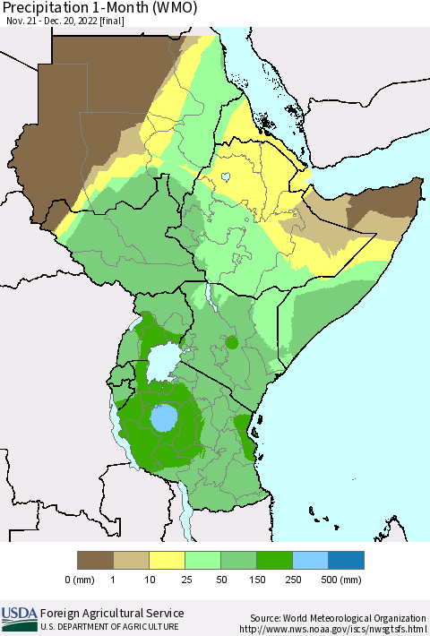 Eastern Africa Precipitation 1-Month (WMO) Thematic Map For 11/21/2022 - 12/20/2022
