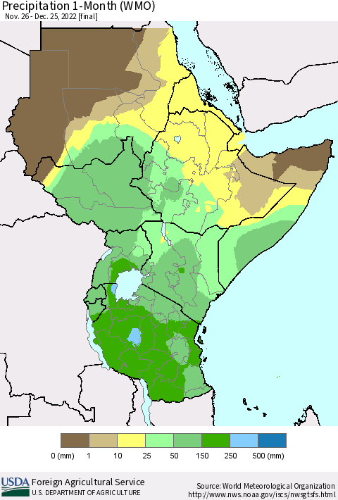 Eastern Africa Precipitation 1-Month (WMO) Thematic Map For 11/26/2022 - 12/25/2022