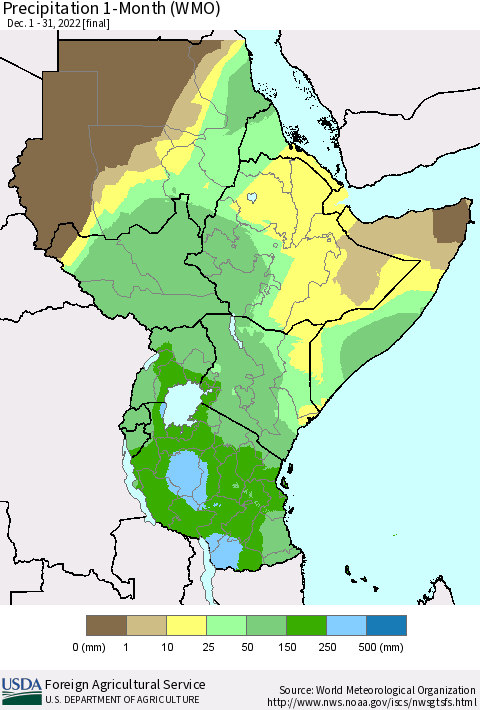Eastern Africa Precipitation 1-Month (WMO) Thematic Map For 12/1/2022 - 12/31/2022