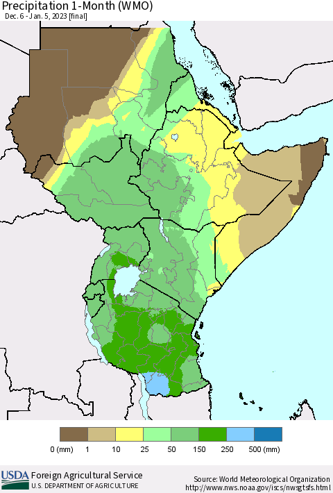 Eastern Africa Precipitation 1-Month (WMO) Thematic Map For 12/6/2022 - 1/5/2023