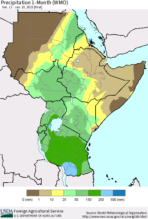 Eastern Africa Precipitation 1-Month (WMO) Thematic Map For 12/11/2022 - 1/10/2023