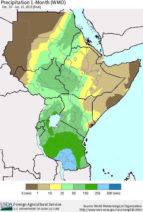 Eastern Africa Precipitation 1-Month (WMO) Thematic Map For 12/16/2022 - 1/15/2023