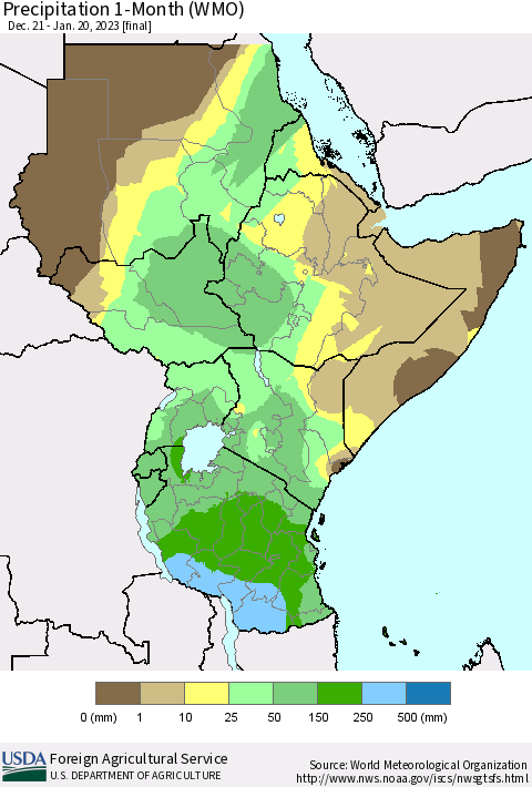 Eastern Africa Precipitation 1-Month (WMO) Thematic Map For 12/21/2022 - 1/20/2023
