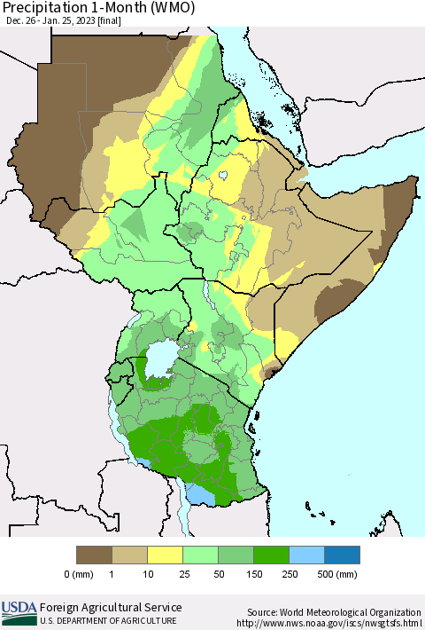 Eastern Africa Precipitation 1-Month (WMO) Thematic Map For 12/26/2022 - 1/25/2023