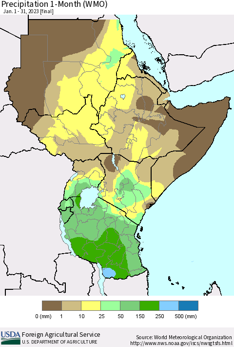 Eastern Africa Precipitation 1-Month (WMO) Thematic Map For 1/1/2023 - 1/31/2023