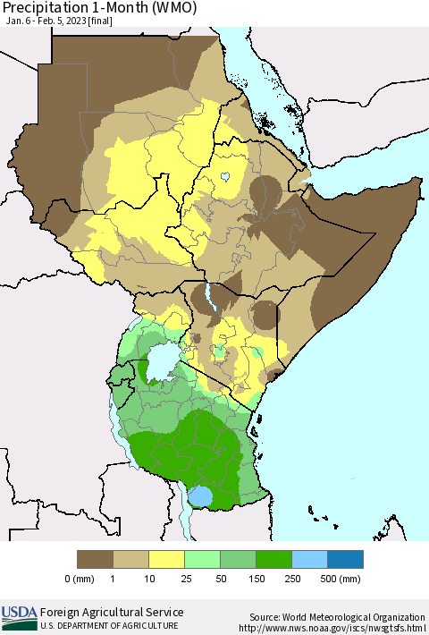 Eastern Africa Precipitation 1-Month (WMO) Thematic Map For 1/6/2023 - 2/5/2023