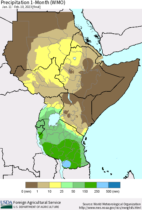 Eastern Africa Precipitation 1-Month (WMO) Thematic Map For 1/11/2023 - 2/10/2023