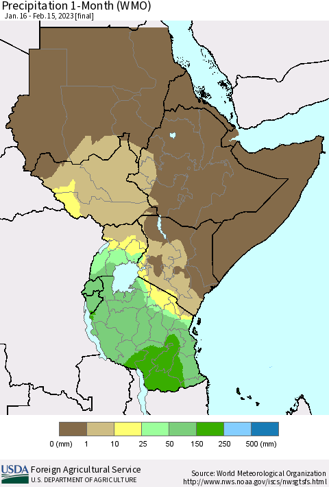 Eastern Africa Precipitation 1-Month (WMO) Thematic Map For 1/16/2023 - 2/15/2023