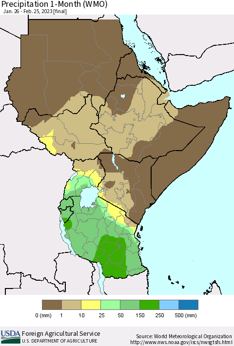 Eastern Africa Precipitation 1-Month (WMO) Thematic Map For 1/26/2023 - 2/25/2023