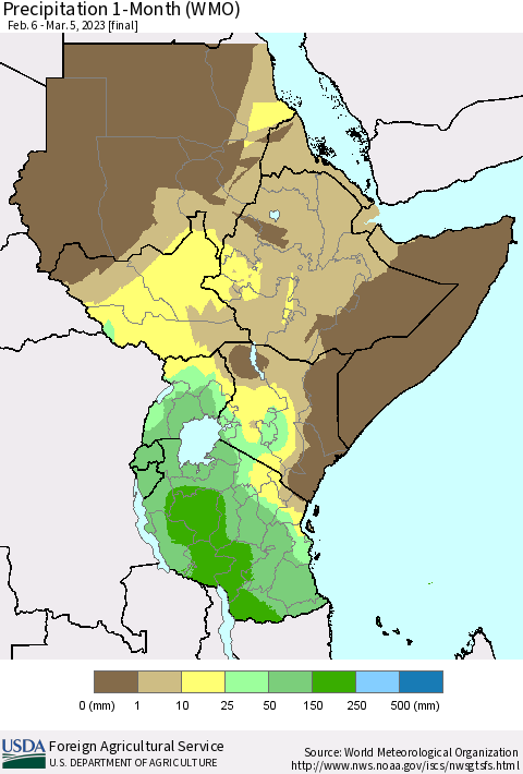 Eastern Africa Precipitation 1-Month (WMO) Thematic Map For 2/6/2023 - 3/5/2023