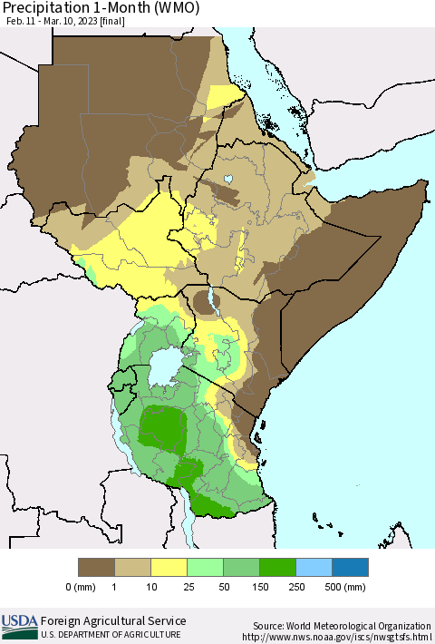 Eastern Africa Precipitation 1-Month (WMO) Thematic Map For 2/11/2023 - 3/10/2023
